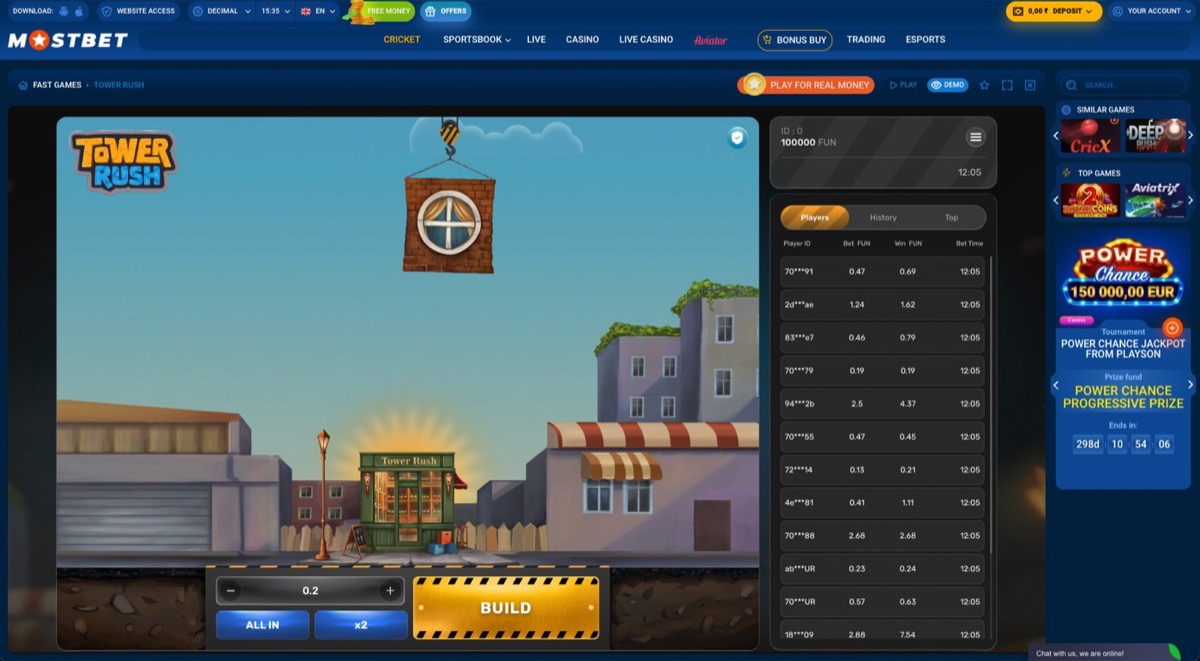 Tower Rush gameplay on Mostbet showing the crane, tower, and Build button before the next drop