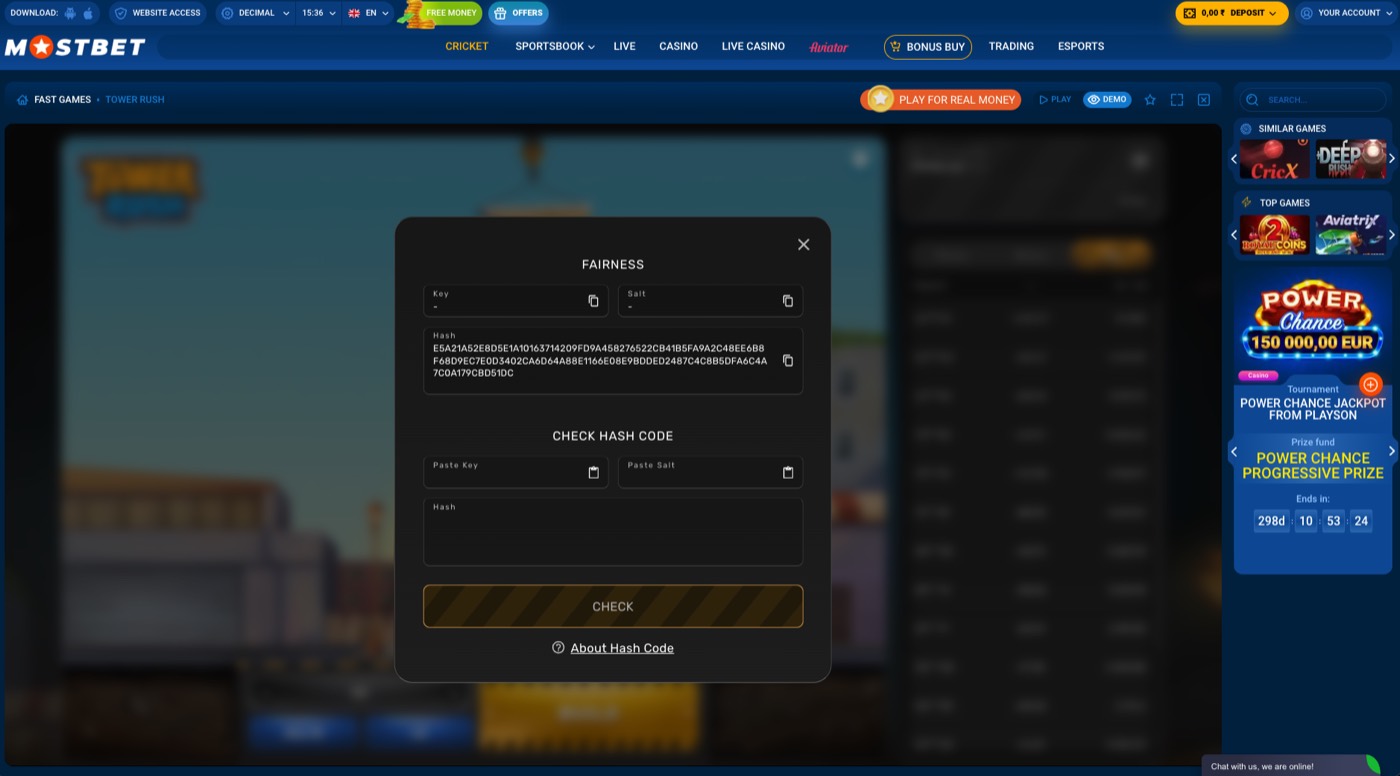 Tower Rush provably fair modal showing the fairness check interface inside the game