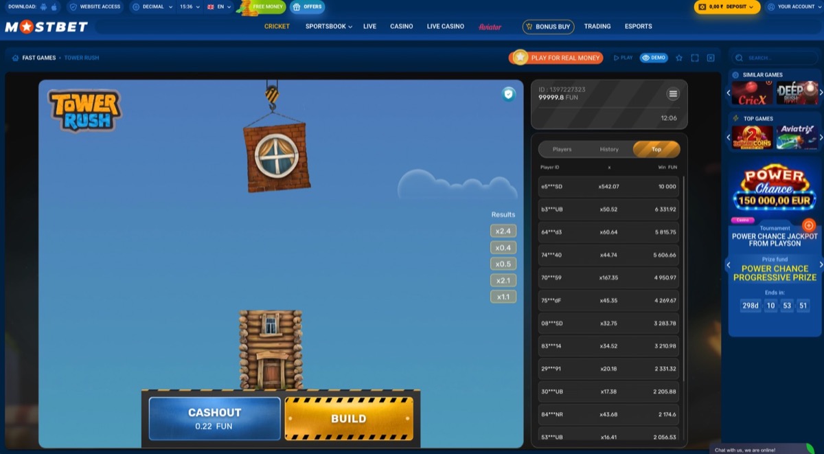 Tower Rush gameplay showing the live round interface with build and cash-out controls