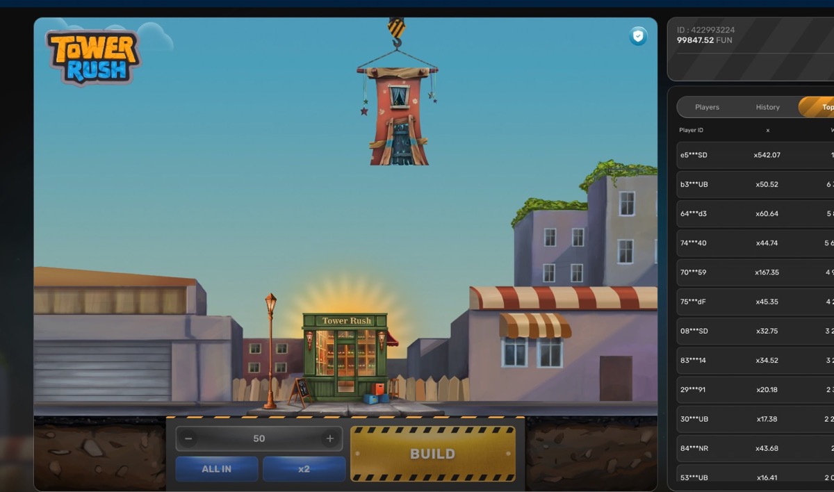 Tower Rush round showing bonus-funded play continuing after a protected win state