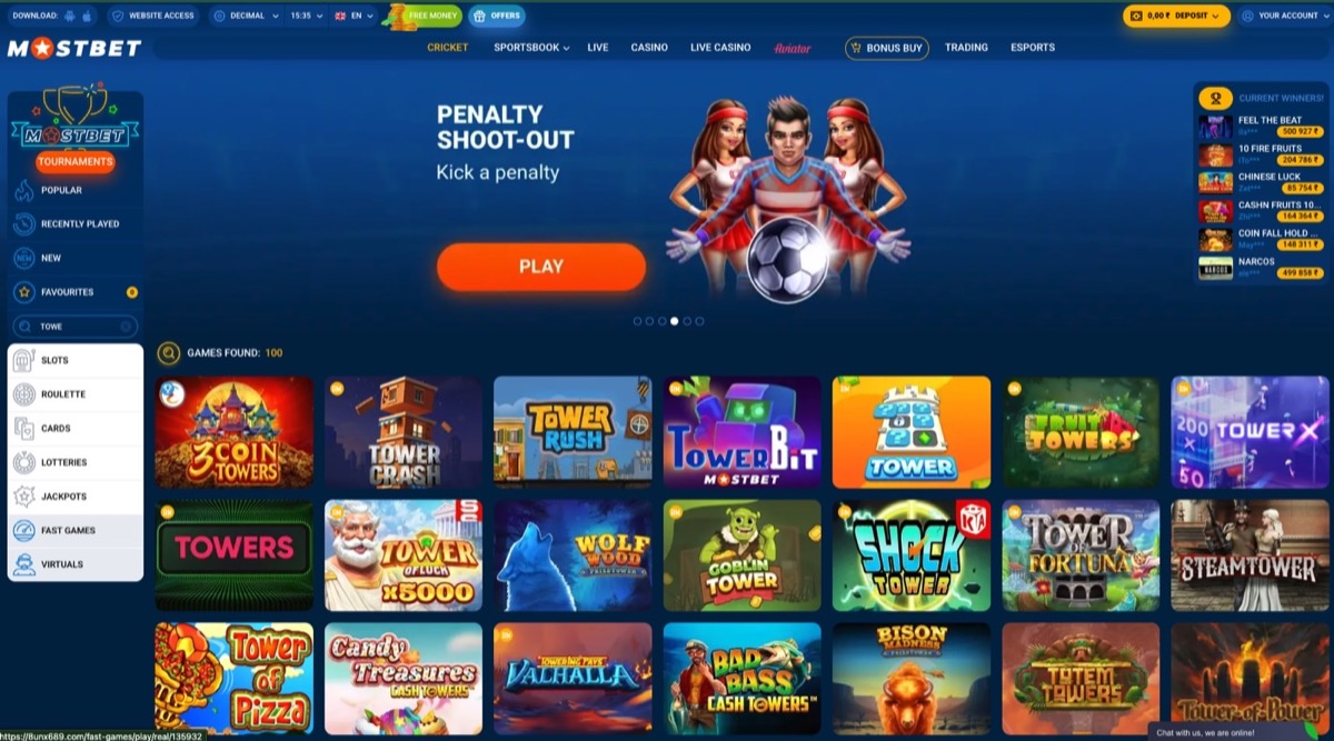 Mostbet casino search results showing Tower Rush ready to open from the game list