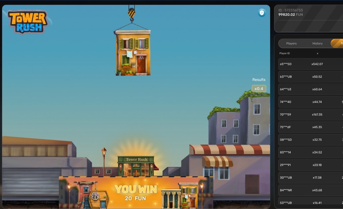 Tower Rush result screen showing a 20 FUN win after a short successful round
