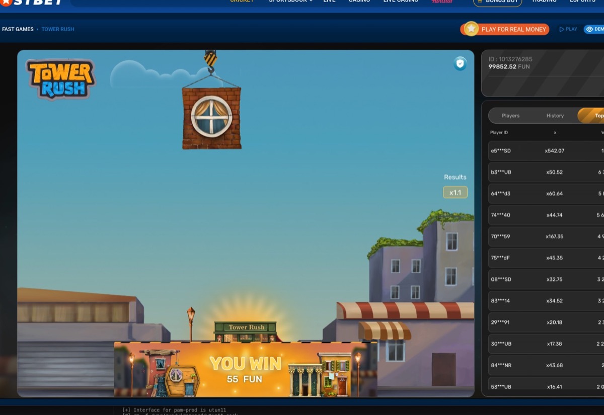 Tower Rush session screen showing a completed win alongside the recent round panel