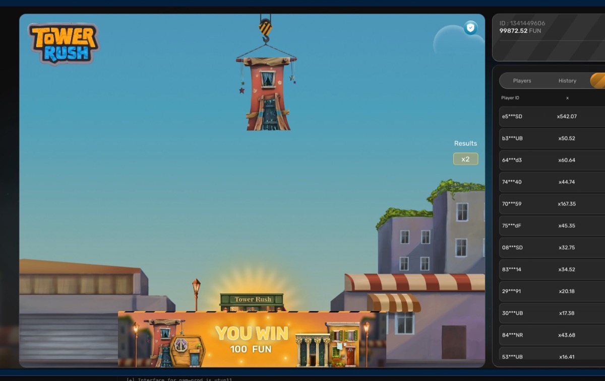 Tower Rush win screen showing a 100 FUN cashout after a successful round